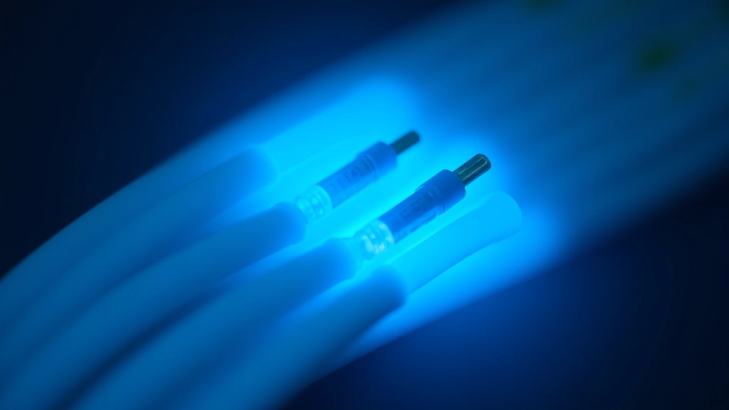 Fiber optic cables bundled together with blue light glowing inside cables, close-up macro photography showing cable detail and texture