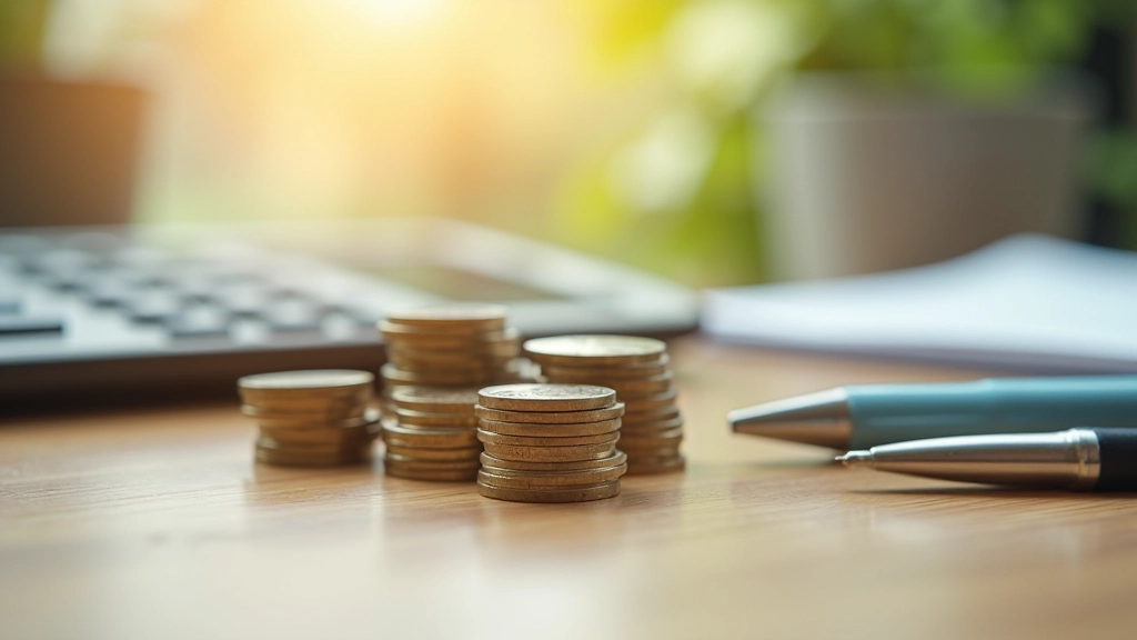 Financial savings calculation shown with coins and calculator on desk