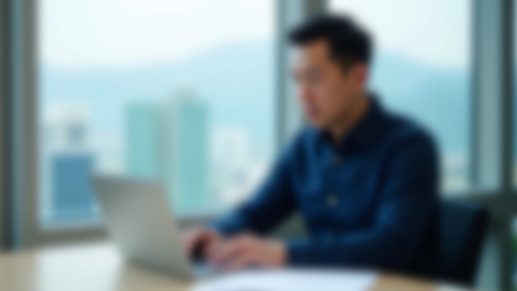 Michael Wong at his workspace with financial documents and laptop, Hong Kong office environment, natural morning lighting