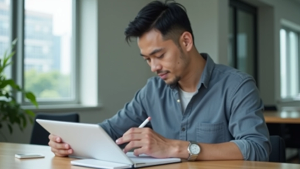 Person reviewing financial documents and subscription list on tablet with notebook