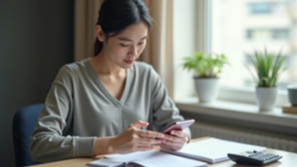 Woman reviewing mobile phone and notebook with subscription list and calculator on desk